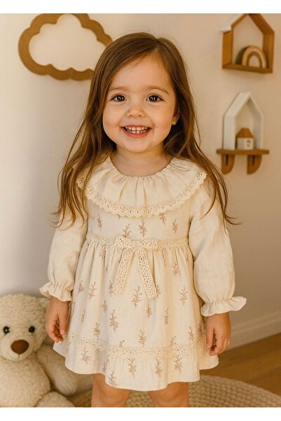 Luna Kids Store Kız Bebek/Çocuk Fırfır Yakalı Uzun Kollu Müslin Elbise