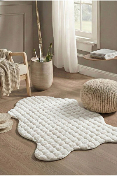 ECOSER Puffy Bubble Tavşan Tüyü Post Kaymaz Taban Yıkanabilir Beyaz Peluş POS...