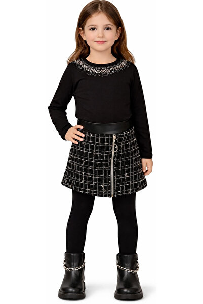 İrem Çocuk Giyim Girls' Black Long Sleeve Blouse and Plaid Pattern Zippered S...