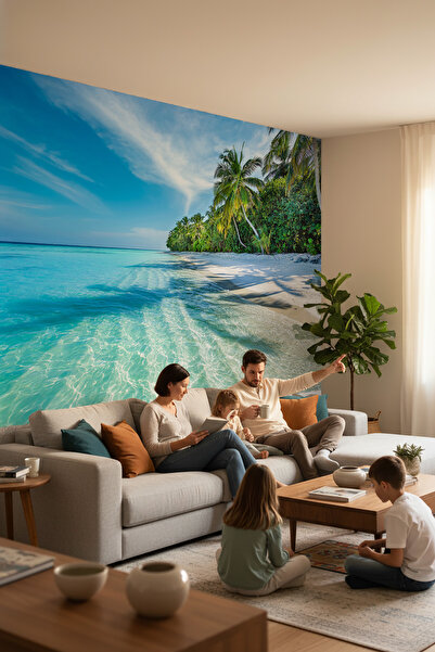 dreamwall Tropik Deniz ve Palmiye Ağaçları Plaj Manzaralı Duvar Kağıdı