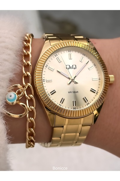 Q&Q لون أصفر، سوار فولاذي، ساعة يد نسائية + سوار