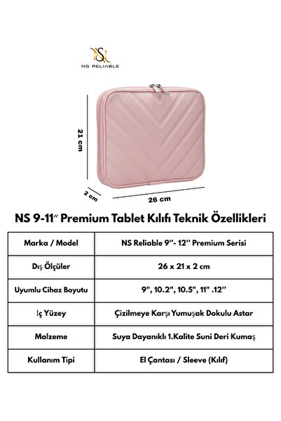 NS reliable NS 9-11 inç Suya Dayanıklı Laptop Tablet Kılıfı Darbe Koruyucu Fermuarlı Çanta (26x21x2 cm) - Pembe