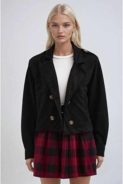 Lijuri Black Shirt Collar Short Suede Buttoned Jacket 6175