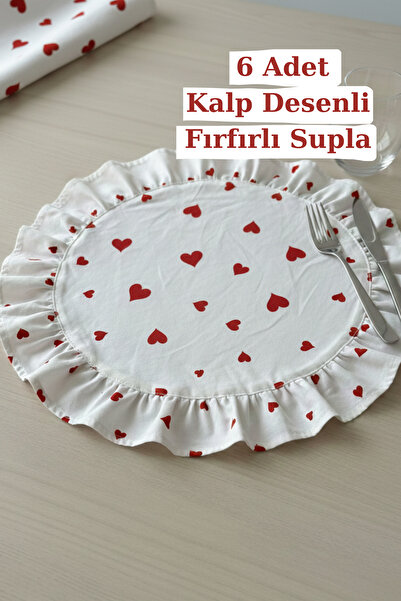 KAMİZ 6'lı Fırfırlı Kalp Desenli Amerikan Servisi Yuvarlak - Supla Servis  40x40