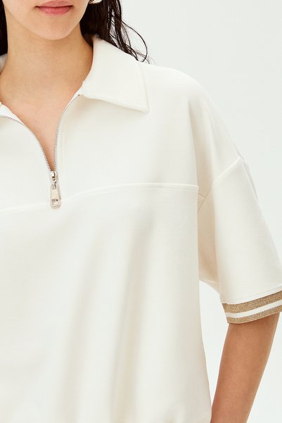 Allyco Low Sleeve Tie Detail Zip-Up Comfortable Fit Knit T-Shirt