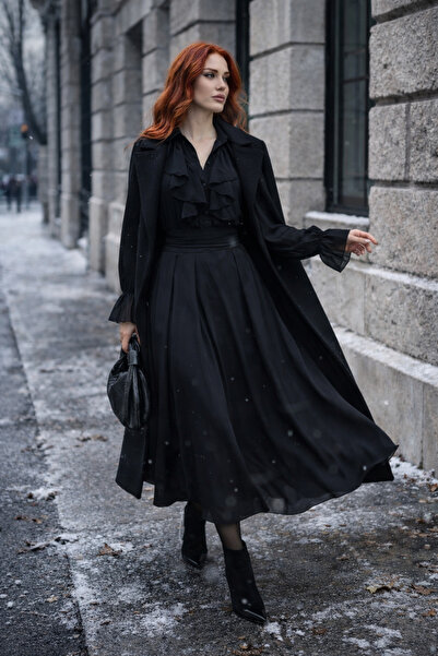 LUV STUDİOS CO Siyah Premium Saten Bağlamalı Drapeli Kalın Kemerli Kuşaklı Uz...