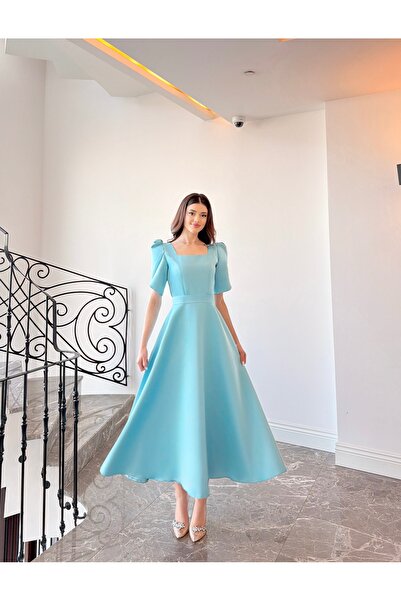 BEYZATURAN Olen Baby Blue Blue Short Sleeve Maxi Long Length Flared Skirt Dre...