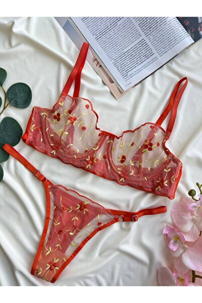 İNKO İÇ GİYİM Balenli Kapsız Tül Detaylı Desenli Sütyen Takımı (Sütyen Tanga)...