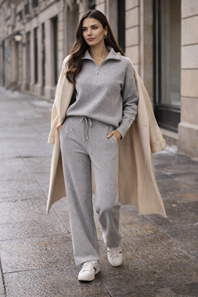 LUV STUDİOS CO بدلة مزدوجة واسعة الساقين من قماش سالونيك الرمادي بسحاب نصفي