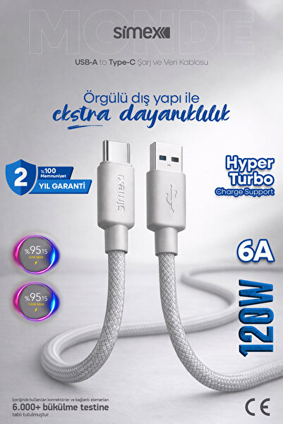 Simex 120W/67W/33W USB to Type-C Ultra Turbo Hızlı Şarj Kablosu Xiaomi Uyumlu...