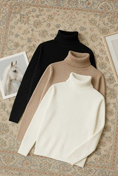 Trendy Mall Boğazlı Kazak 3’lü Hazır Paket Mevsimlik Kurtarıcı Parça Pamuklu ...