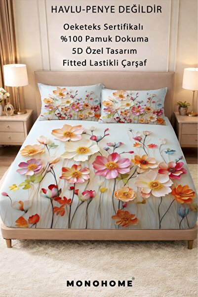 MonoHome %100 Pamuk Percale Lastikli Çarşaf Özel Tasarım 5d Dijital 60 Tel Da...