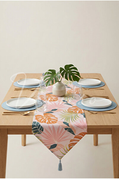 Viemso Tropical Leaf Patterned Pastel Runner & Set of 4 Placemats (Excluding ...