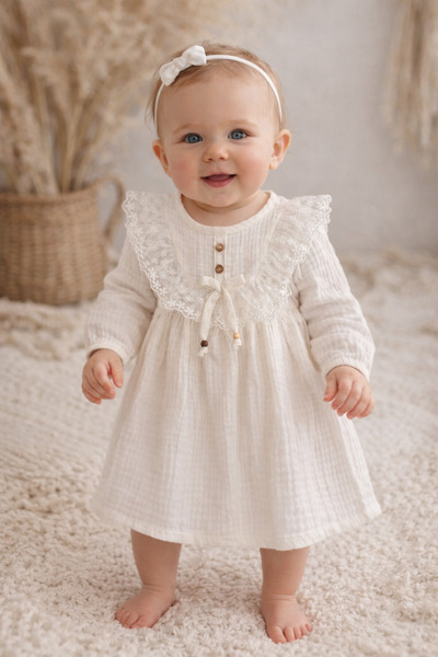 MİNİCİX COLLECTİON Müslin Kız Bebek Fiyonklu Beyaz Elbise 9 Ay-12 Ay-18 Ay-2Y