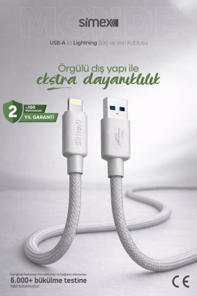 Simex USB to Lightning Hızlı Şarj Kablosu, iPhone 7/8/X/11/12/13/14 Serisi Uy...