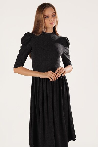 ESPİNA Γυναικείο φόρεμα από μαλλί βισκόζη με μανίκια μπαλόνι με κορδόνι στη μέση