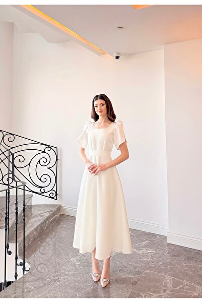 BEYZATURAN Rochie de seară Olen, albă, cu mâneci scurte, lungă, cu tiv evazat