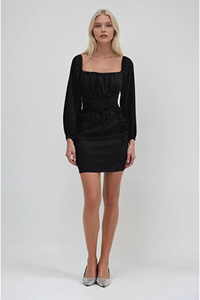 Lijuri Büzgü ve Bağlama Detaylı Kare Yaka Şık Elbise 2324 R3-B-K2