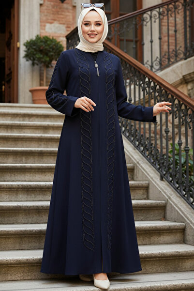 Neva Style Bead Embroidered Navy Blue Hijab Ferace 29122L