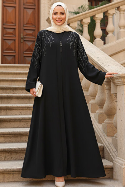 Neva Style Boncuk İşlemeli Siyah Tesettür Abaya 29110S