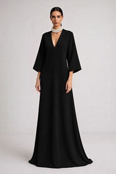 ALYEL NAKER V-Yakalı & Geniş Kol Detaylı Maxi Boy Şık Krep Elbise