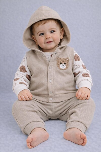 dinamik çocuk Erkek Bebek Mevsimlik Yeni Doğan Fitilli Yelekli Ayıcık Nakışlı...