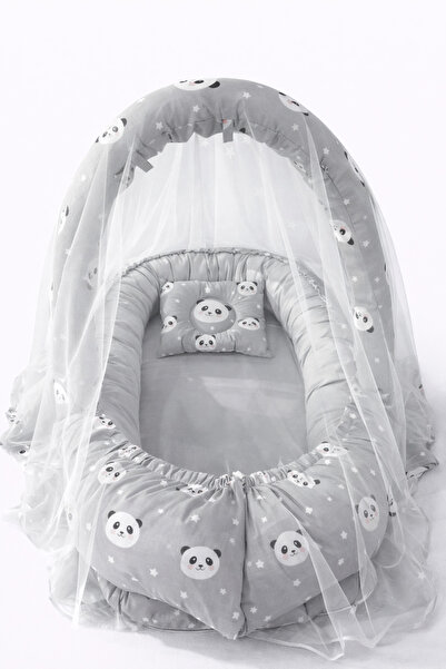 Jaju Baby Babynest Gri Panda Cibinlik Tüllü Ve Oyuncak Askılı Organik Jaju Babynest Anne Yanı Bebek Yatağı