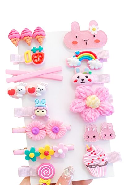 SHEKER HOME 14 Lü Pens Çıt Çıt Kız Çocuk Bebek Toka Seti - Pembe