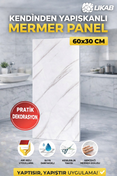 UKAB Kendinden Yapışkanlı Mermer Seramik Desenli Köpük PVC Duvar Paneli (30x6...