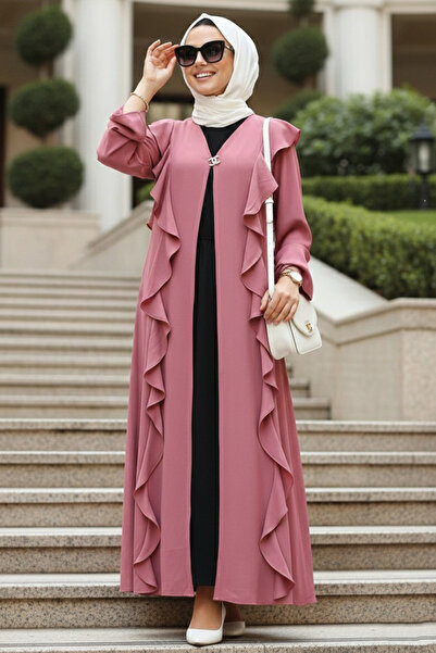 Neva Style Fırfır Detaylı Gül Kurusu Tesettür Abaya 15402GK