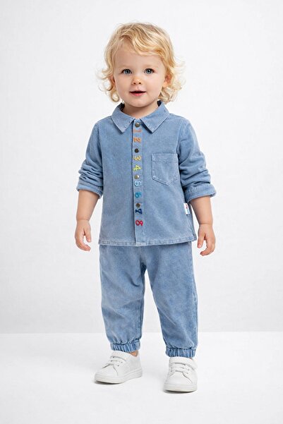 dinamik çocuk Baby Unisex Number Embroidered Stretchy Denim Set 2-Piece Top a...