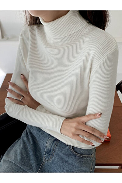 Buteks Unisex Beyaz Pamuklu Balıkçı Yaka Kaşkorse Şardonlu Slimfit Boğazlı Kazak