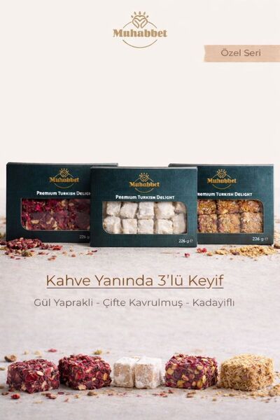 Muhabbet Gıda Kahve Yanı 3’lü Lokum Seti (230 g x 3) Gül Yapraklı-Kadayıflı- ...