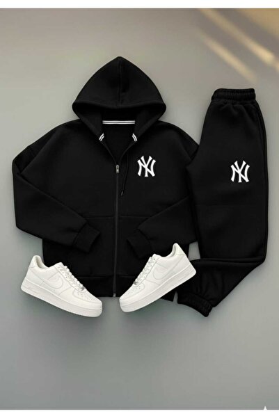 LiyAdaCo Set de trening unisex cu glugă NY cu imprimeu negru - îmbrăcăminte s...