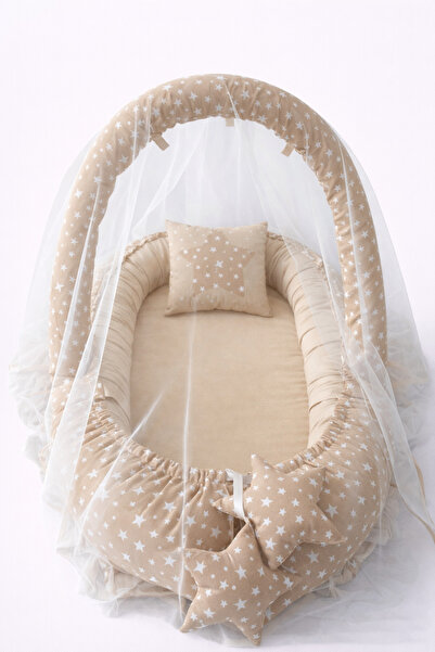 Jaju Baby Kahve Yıldız Cibinlik Tül -Oyuncak Askılı Jaju Babynest - Güvenli P...