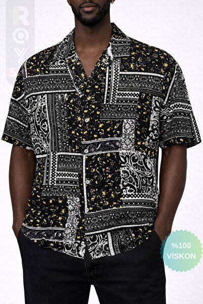 ROY501 Мъжка риза с къс ръкав Шарена риза с къс ръкав Лятна риза Мъжка овърса...