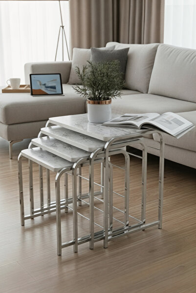 usta mekan Demet 4 lü Gümüş - Beyaz Mermer Desen Dikdörtgen Tepsi Zigon Sehpa