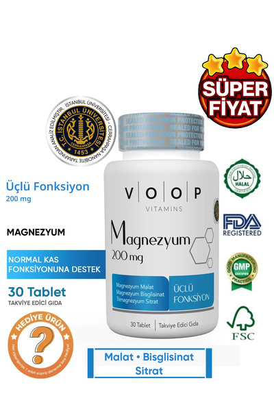 VOOP Magnezyum Malat, Sitrat Ve Bisglisinat - 200 Mg | 30 Tablet