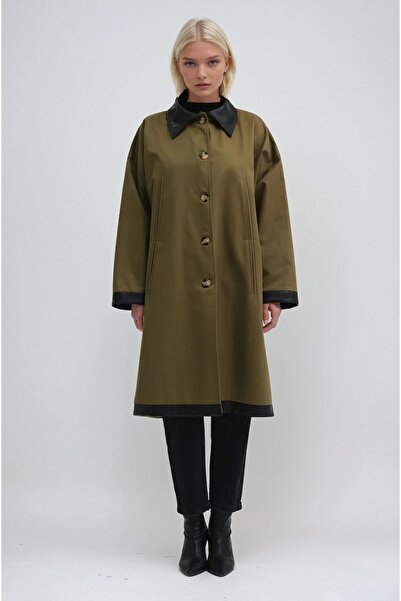 Lijuri Oversized Trench Coat with Green Sleeve and Collar Leather Detail 7104...