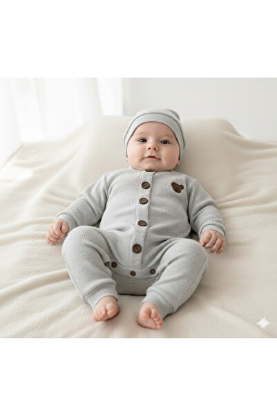 Buliş Baby Romper with Teddy Bear Logo Hat Gray