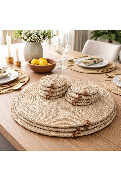 Naspar 8 قطع من أدوات مائدة الجوت المصنوعة من الخيزران / مفرش أطباق وأكواب / ...