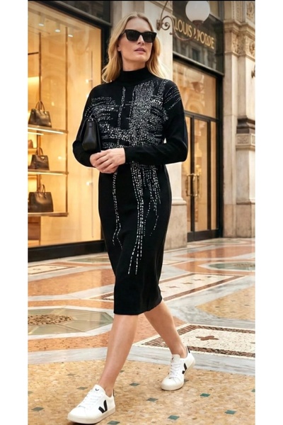 lamea Kadın -LAMEA Desenli Yarım Balıkçı Yaka Triko Elbise – Modern & Zamansız