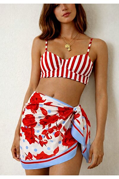 GODE Innerless, Polka Dot and Rose Patterned, Silk Satin Mini Length Pareo, S...