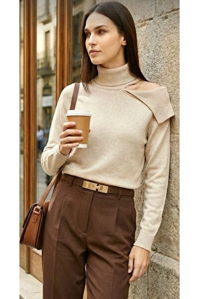 lamea Kadın Omuz Dekolteli Yarım Balıkçı Viskon Yumuşak Triko Kazak Bej