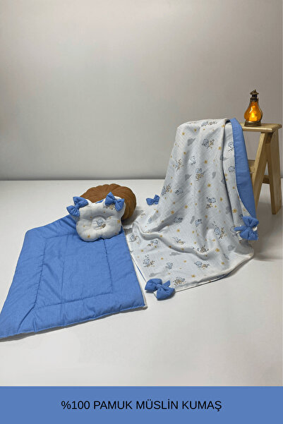 Fiyonk Detaylı 3'lü Taşınabilir Alt Açma Seti Bebek Bakım Minderi Müslin Pamuklu Kumaş Yenidoğan
