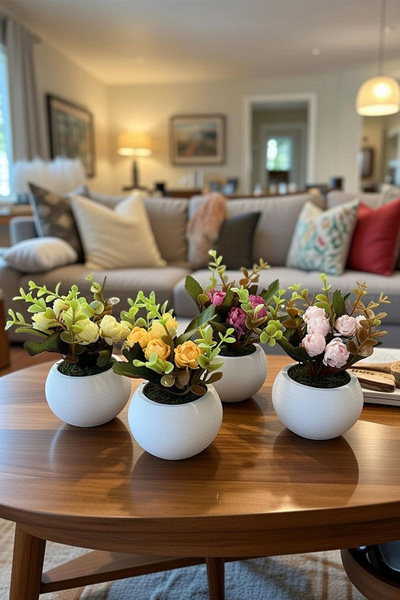 adresiburasi مجموعة زهور صناعية في وعاء خرساني مكونة من 4 قطع