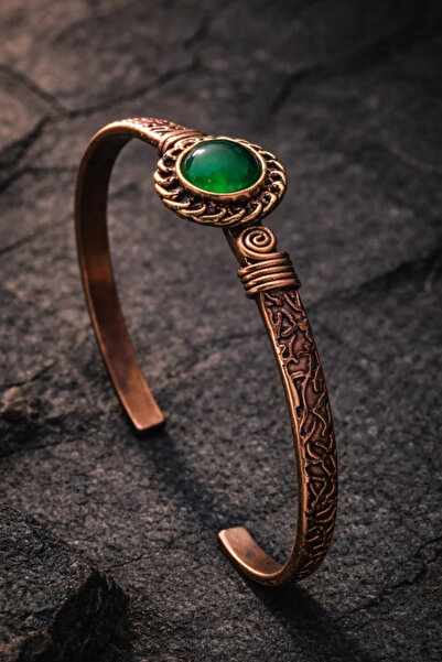 İyyaKee Kadın Bakır Bileklik Yeşil Akik Taşlı Silindir Model Saf Bakır Bilezik