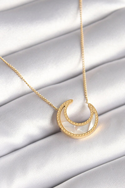 shopwave 316L Steel Gold Color White Pearlescent Crescent Model Women's Necklace