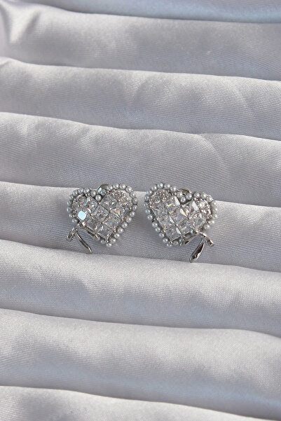 shopwave Brass Silver Color Bow Detail Heart Earrings with Pearls and Zircon ...