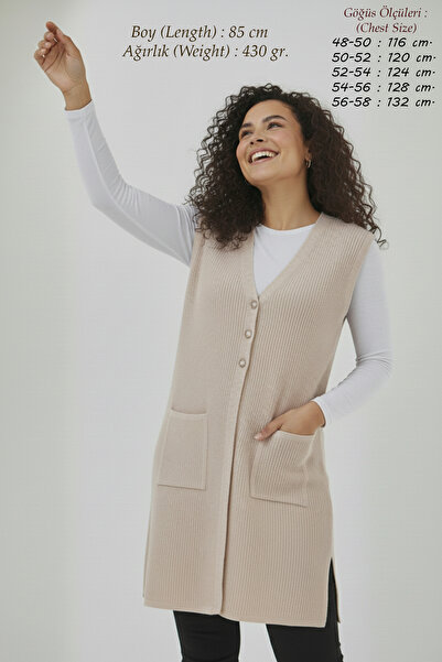 Elvin Women's Knitwear Plus Size Vest Corded Fabric Mother Ecru Long Vest